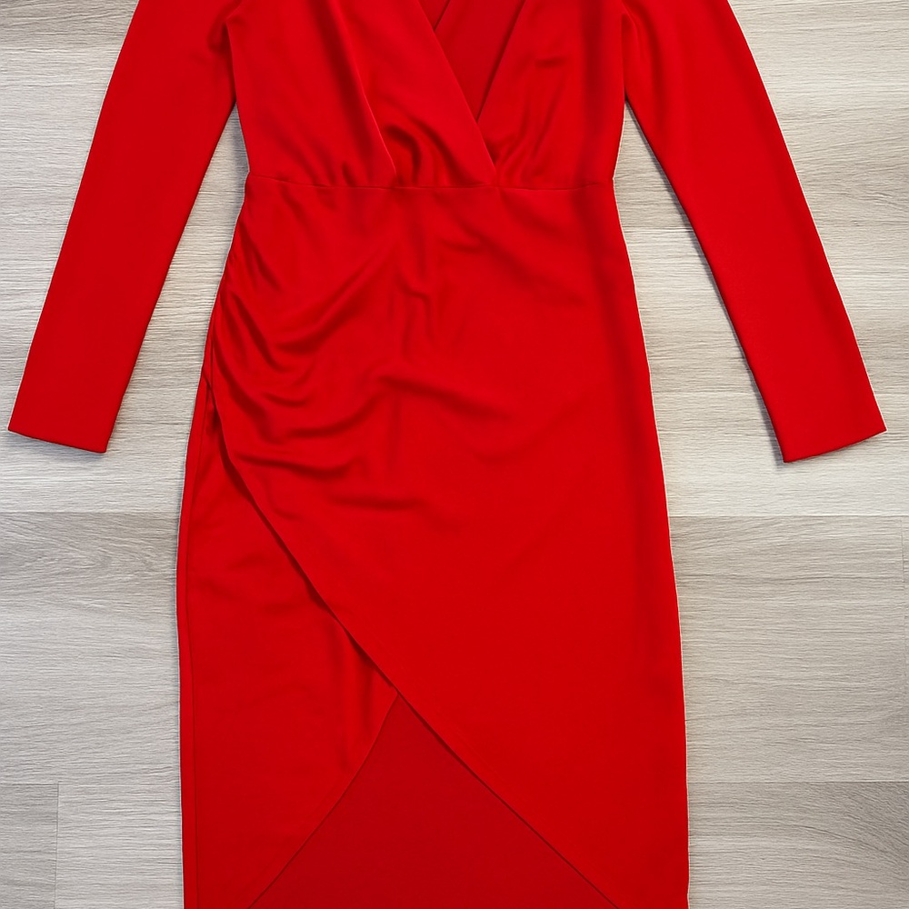 IPONA Elegant Faux Wrap Red High Low Midi Dress Size M - Picture 5 of 7
